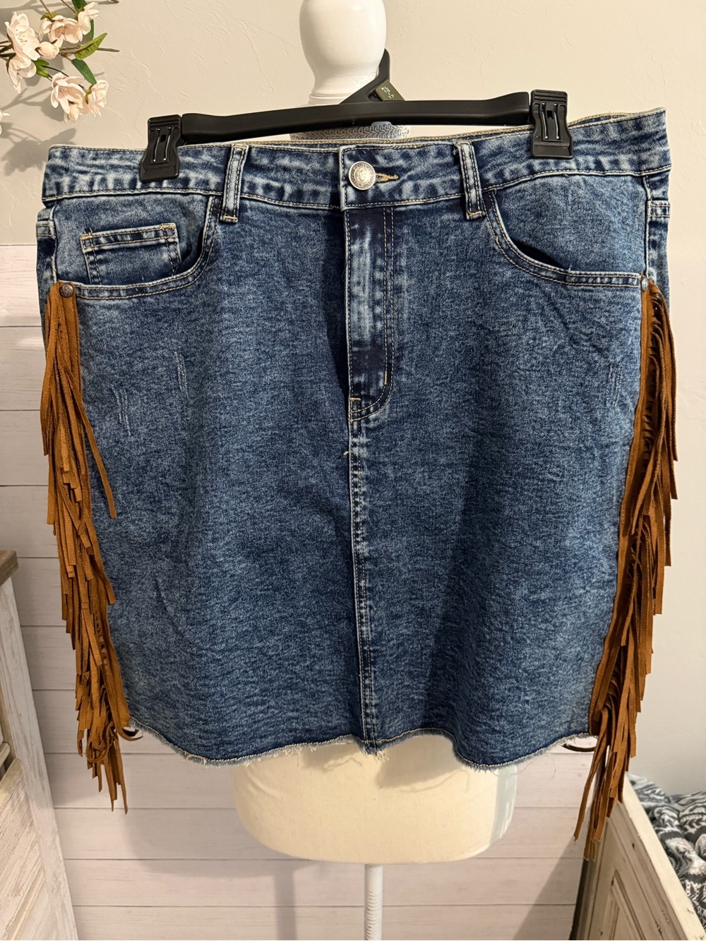 Fringe-Trim Denim Mini Skirt in Blue with Tan Fringe